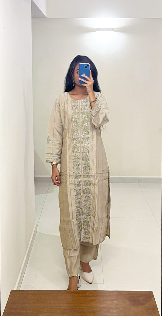 Beige Embroidered Cotton Mix Kurta Set with Dupatta  - TRSR 002B| 3-Piece Ethnic Suit Set for Women