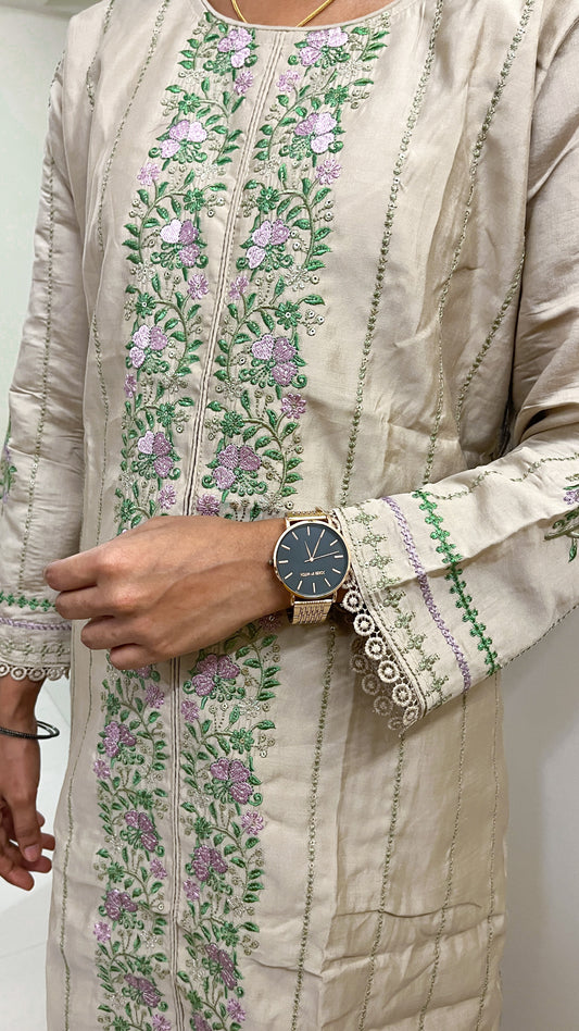 Beige Embroidered Cotton Mix Kurta Set with Dupatta  - TRSR 002B| 3-Piece Ethnic Suit Set for Women