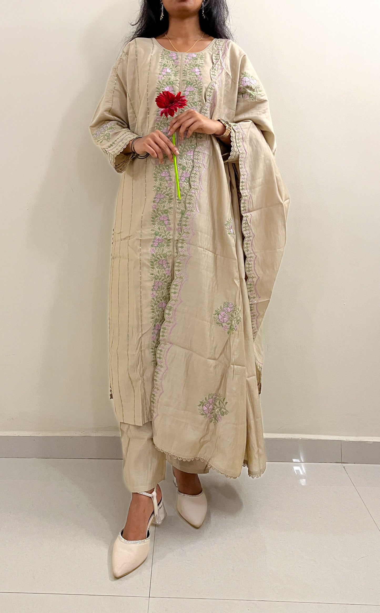 Beige Embroidered Cotton Mix Kurta Set with Dupatta  - TRSR 002B| 3-Piece Ethnic Suit Set for Women