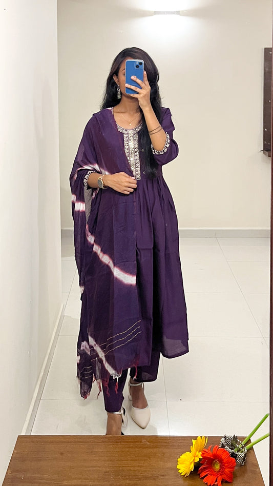 Royal Plum Purple Cotton  Mix Kurta Set with White Embroidery & Tie-Dye Dupatta -TRSR 003 A