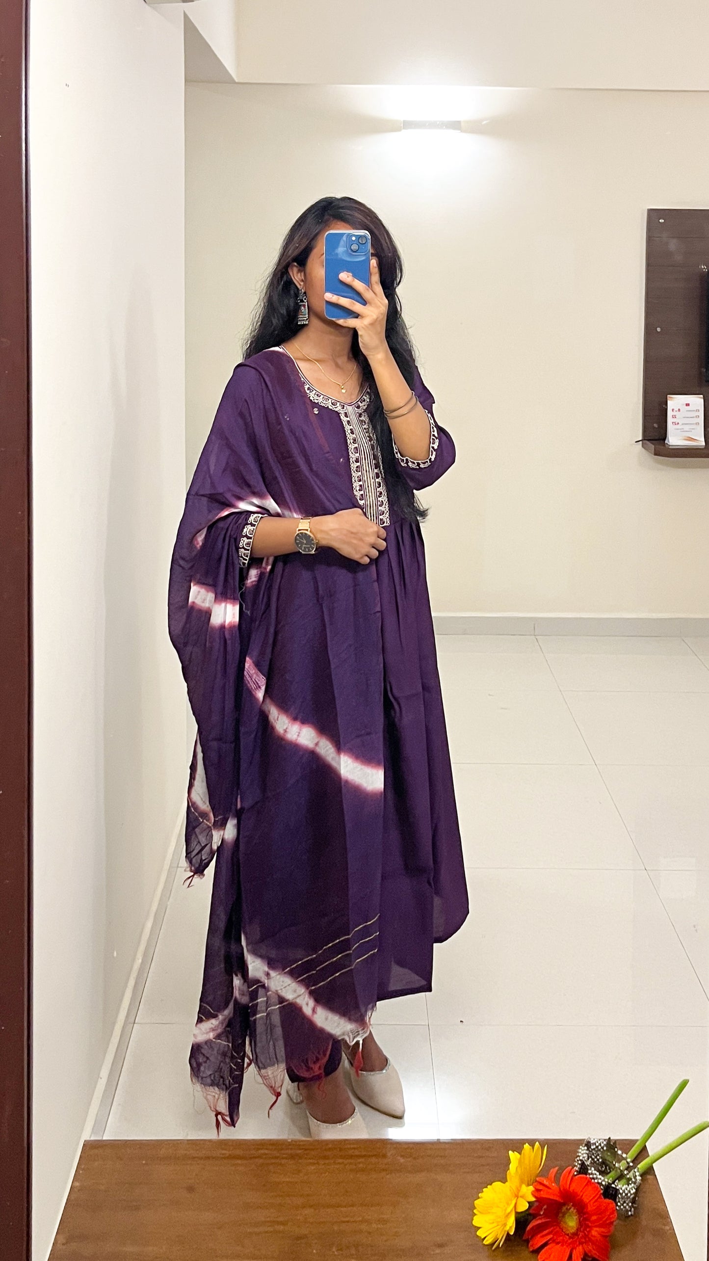 Royal Plum Purple Cotton  Mix Kurta Set with White Embroidery & Tie-Dye Dupatta -TRSR 003 A