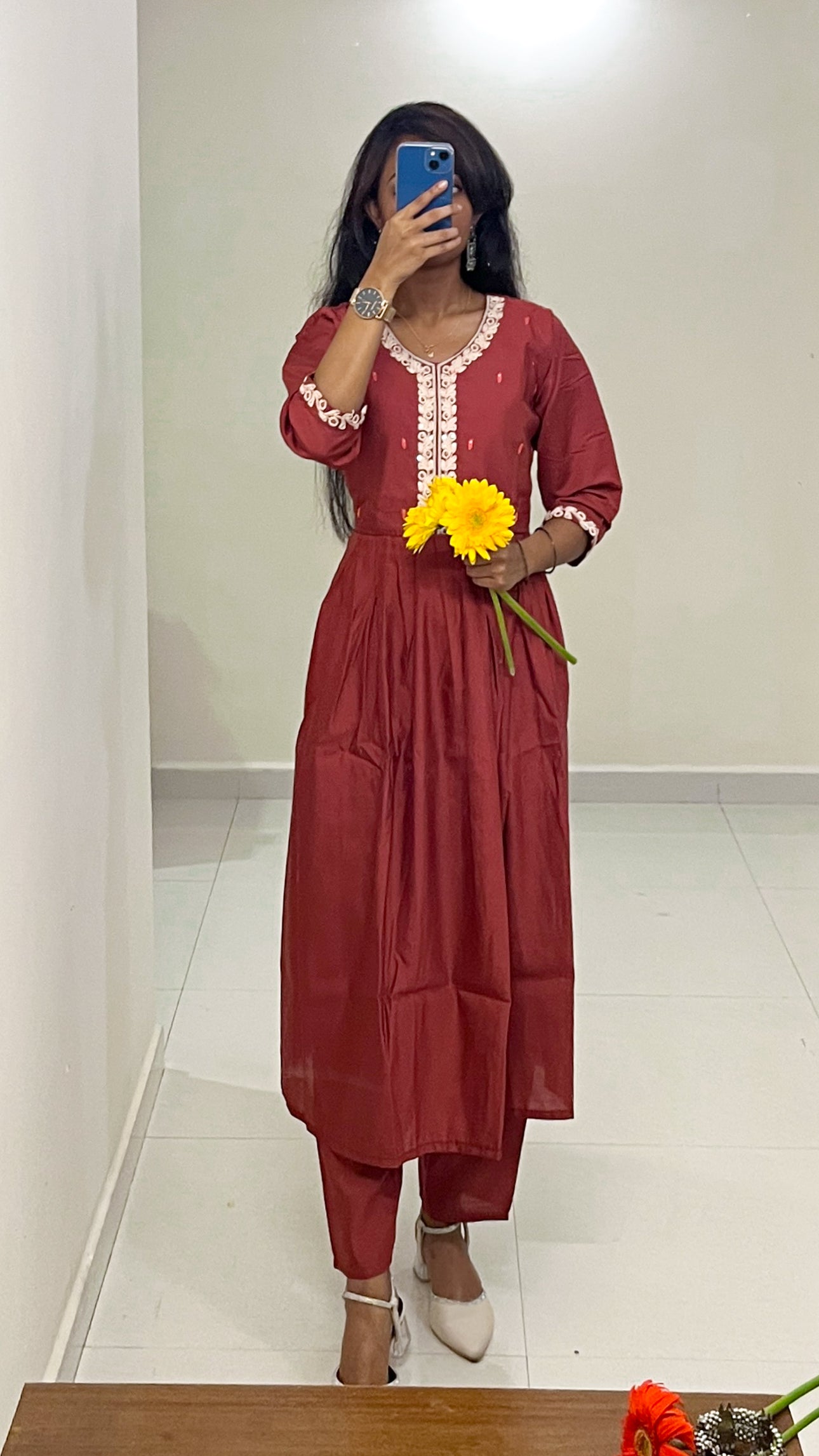 Brick Red Cotton Kurta Swith White Embroidery & Tie-Dye Dupatta –TRSR 003B