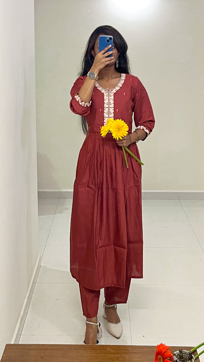 Brick Red Cotton Kurta Swith White Embroidery & Tie-Dye Dupatta –TRSR 003B