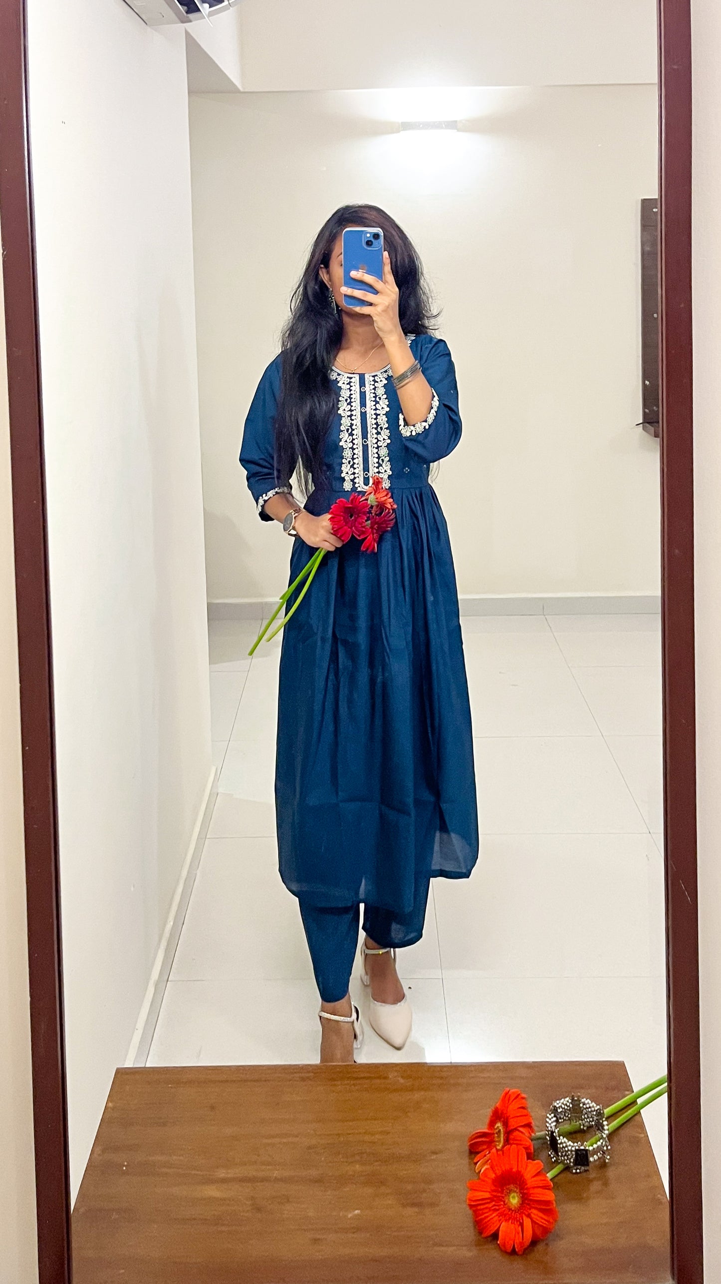Navy Blue Cotton Mix Kurta Set for Women with White Embroidery & Tie-Dye Dupatta - TRSR 003 C