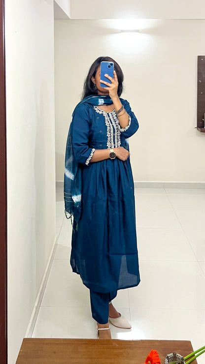 Navy Blue Cotton Mix Kurta Set for Women with White Embroidery & Tie-Dye Dupatta - TRSR 003 C
