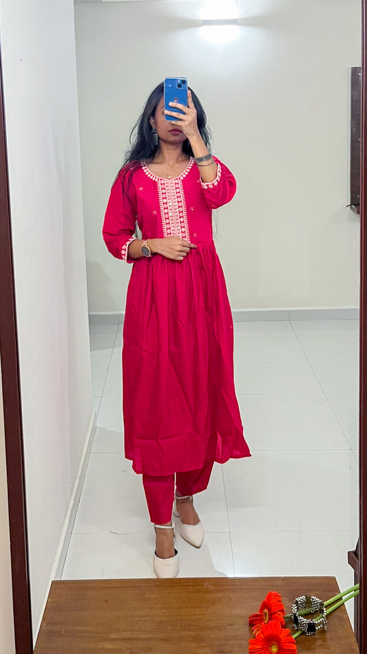 Red CottonMix  Anarkali Kurta Set -TRSR 003 E | Tie & Dye Dupatta | White Thread Embroidery