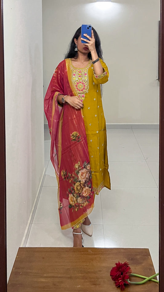 Mustard Yellow Embroidered Raman Silk Suit Set with Digital Print Dupatta - TRSR 005 |