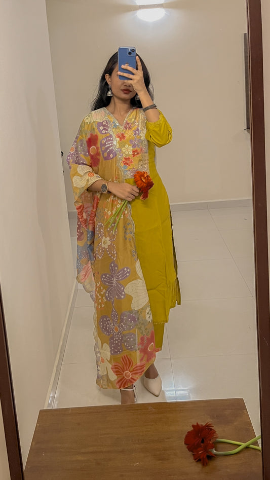 3-Piece Mustard Floral Printed Kurti Set for Women - TRSR 006