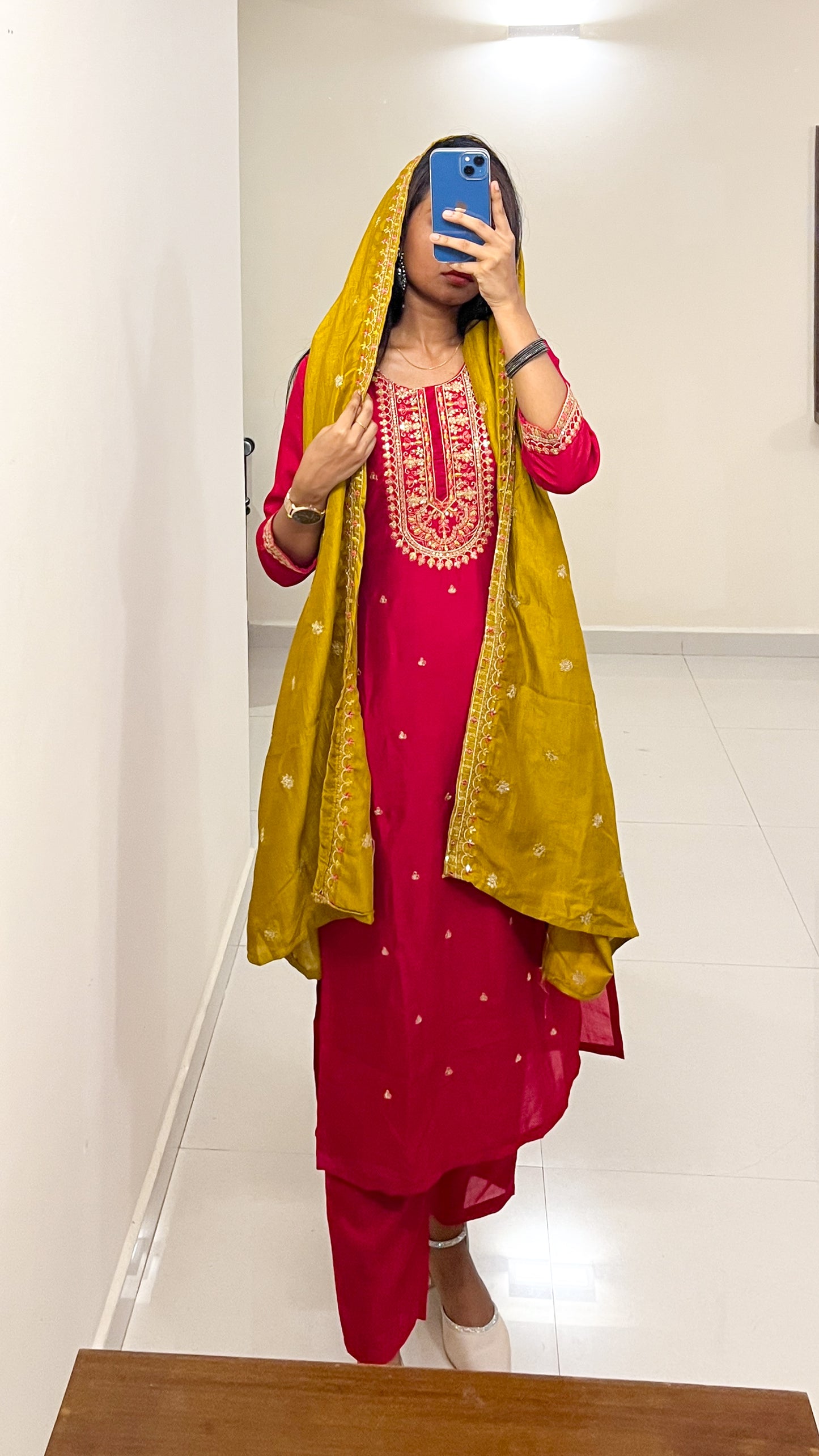 Red Silk Kurta Set with Mustard Embroidered Dupatta –TRSR 012 – Festive & Wedding Ethnic Wear (3-Piece Set)
