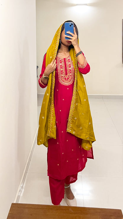 Red Silk Kurta Set with Mustard Embroidered Dupatta –TRSR 012 – Festive & Wedding Ethnic Wear (3-Piece Set)