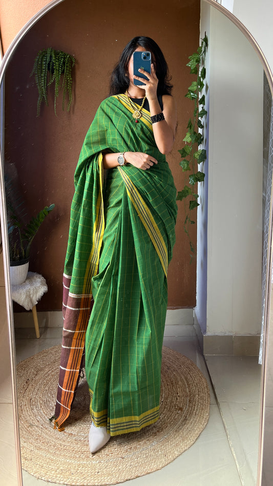 Udupi Handloom Cotton Saree – Green Checked with Contrast Pallu- TRUD 001