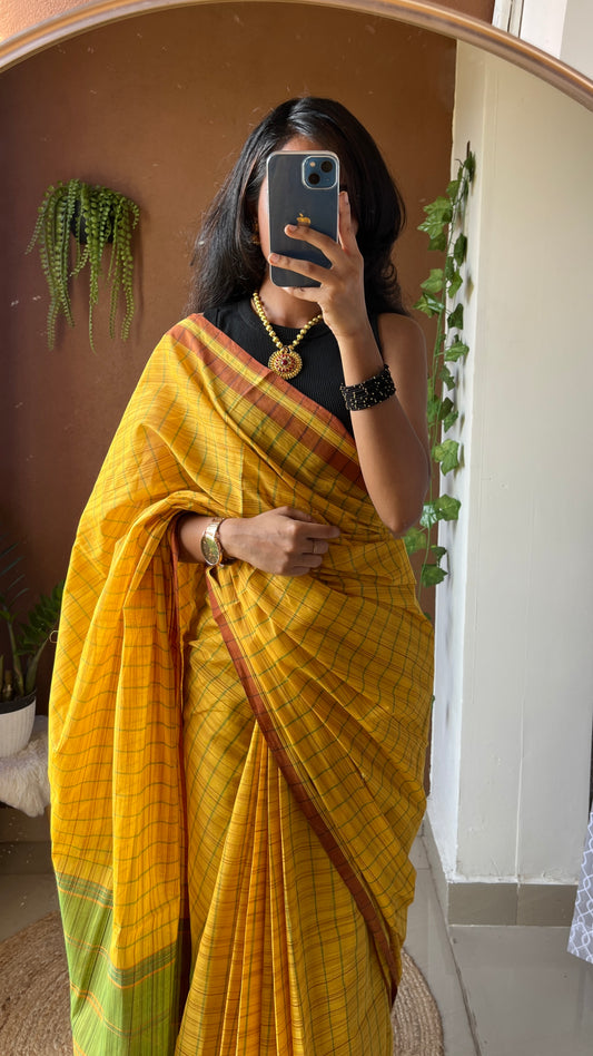 Handwoven Udupi Cotton Saree in Bright Yellow – Lightweight & Traditional South Indian Weave"