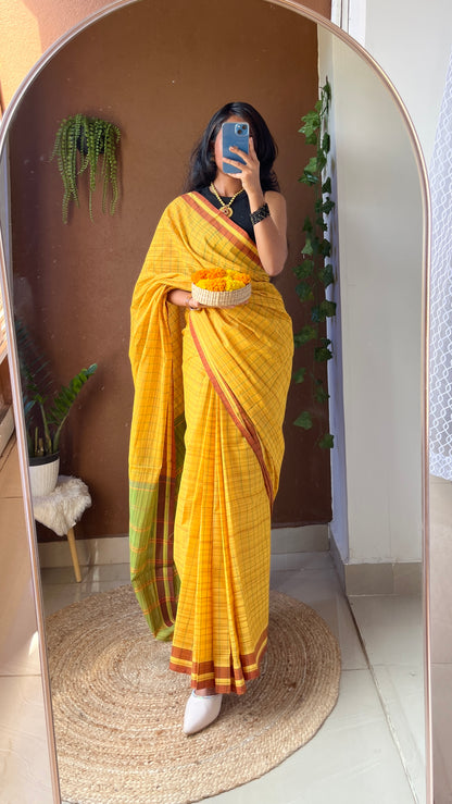 Handwoven Udupi Cotton Saree in Bright Yellow – Lightweight & Traditional South Indian Weave"