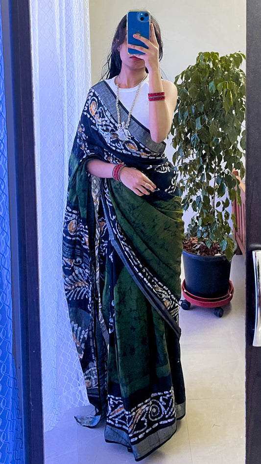 Linen Batik Print Cotton Saree - TRR 001