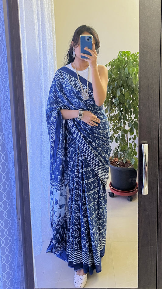 Bagru Print Mulmul Cotton Saree