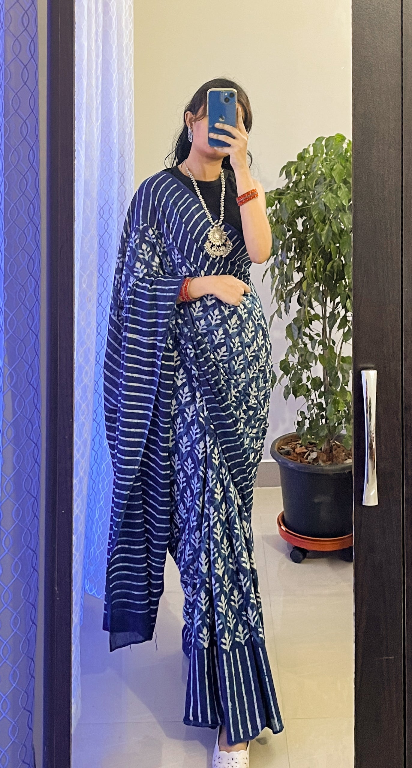 Indigo Bagru Print Mulmul Cotton Saree TRN 004