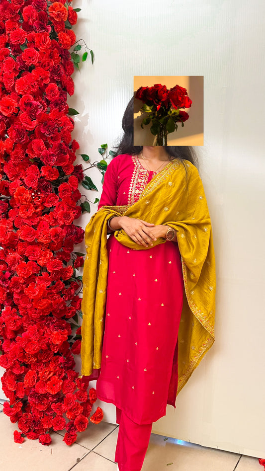 Red Silk Kurta Set with Mustard Embroidered Dupatta –TRSR 012 – Festive & Wedding Ethnic Wear (3-Piece Set)