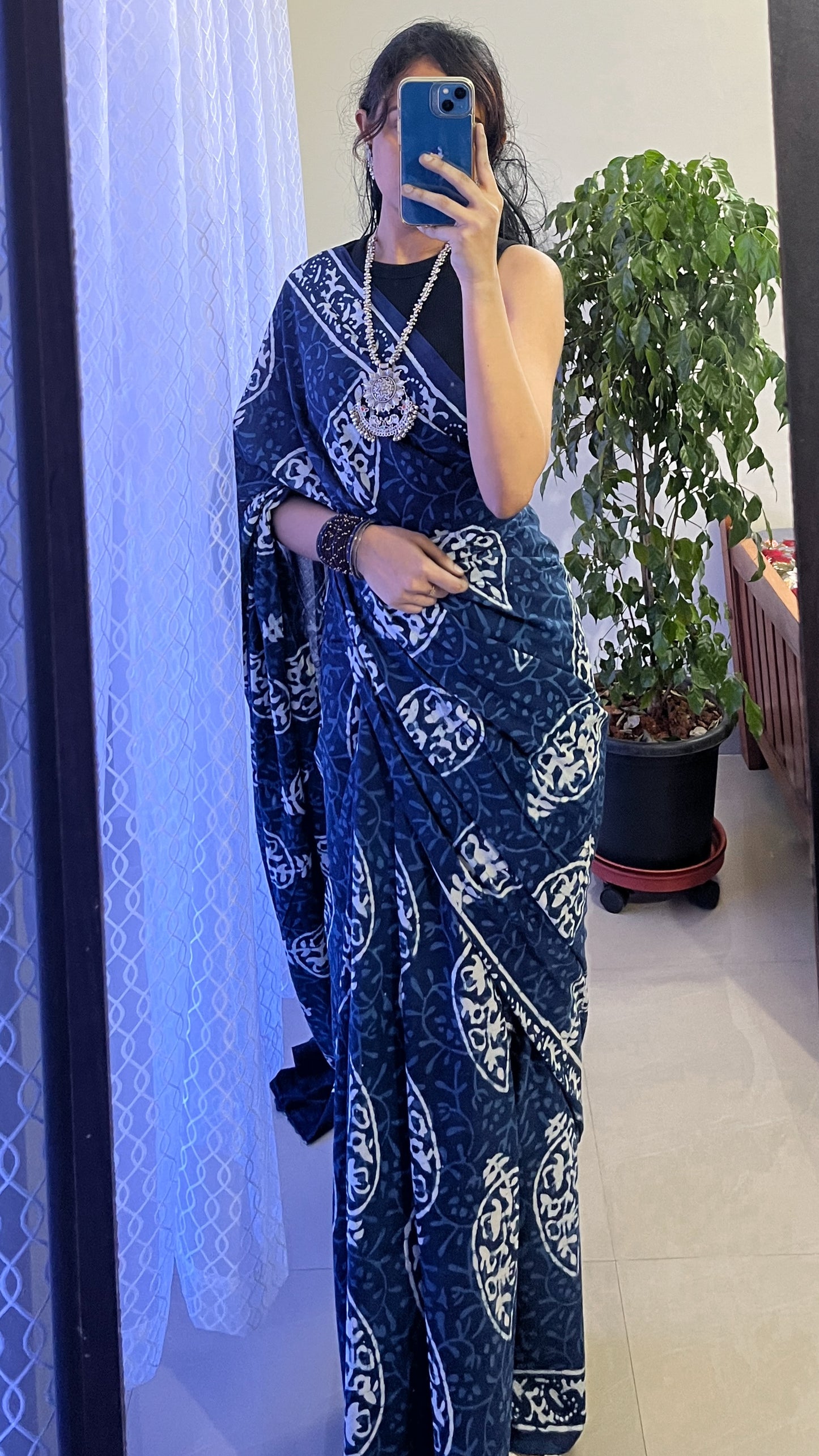 Indigo Bagru Print Mulmul Cotton Saree TRN 006