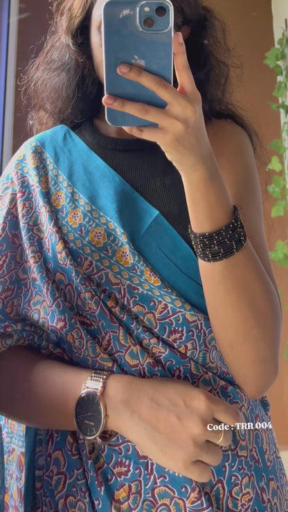 Handblock Printed Pure Cotton Saree –  Blue Ethnic Print with Blouse Piece TRR 004